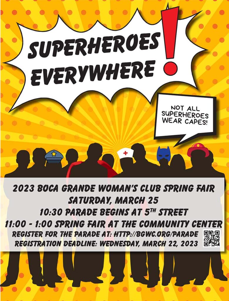 Spring Fair flyer in a superhero themes showing a crowd of people incl. police, doctor/nurse and fireman, see event description for more information
